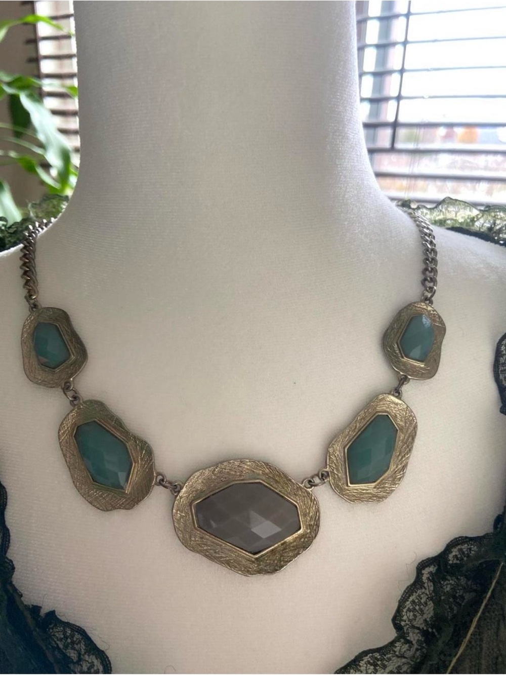 Vintage Gold-Tone Necklace with Teal and Gray Stones - Women Jewelry